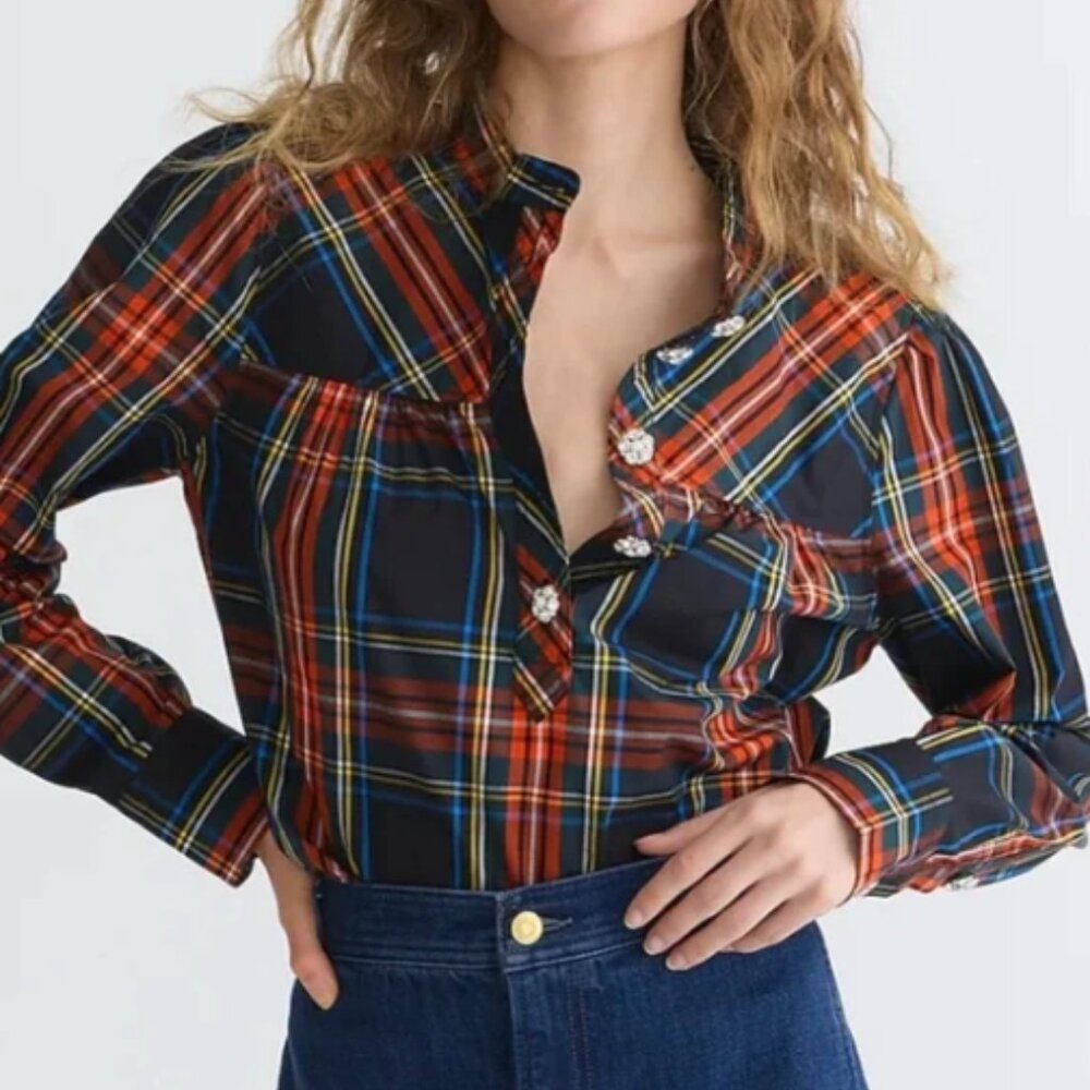 Ladies J Crew Holiday Stewart Tartan Smock Top with Pretty buttons, Size XL